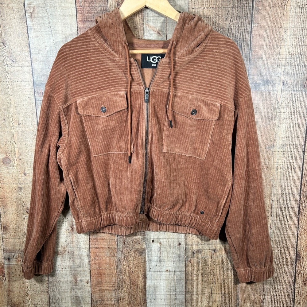 UGG Brown Cotton Corduroy Julissa Bomber Jacket Hooded Zip Up Large NWT
